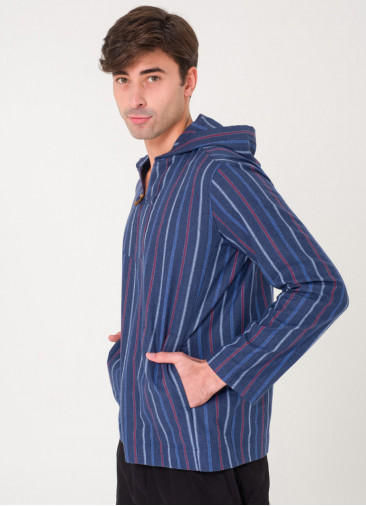 Shepherd Button Detailed Hooded Blue Striped Men's Shirt